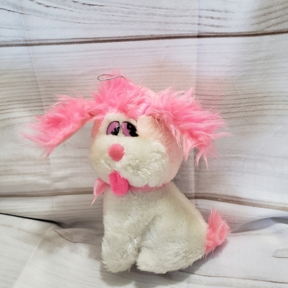 White Puppy Dog 7" Plush Pink Fuzzy Ears Carnival Style Felt Tongue Pink Eyes 80 - Picture 3 of 11